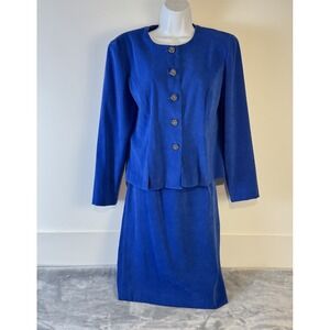 Leslei Fay 8P Blue Blazer/Skirt Suit‎ 2 PC Set Faux Suede Fully Lined Women's